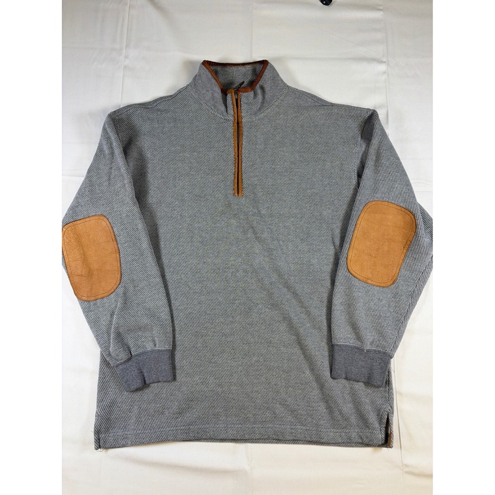 Orvis Mens Gray Quarter Zip Pullover Sweater Leather Elbow Patches Size Large